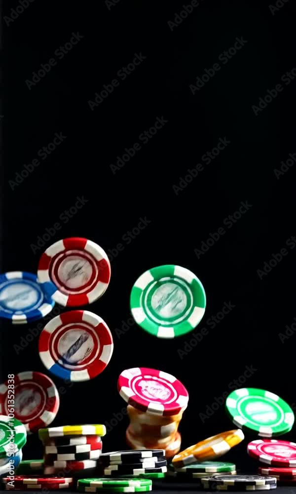 A cascade of colorful poker chips falling against a dark background.