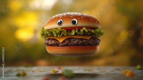 Hamburger with eyes and lettuce on it photo