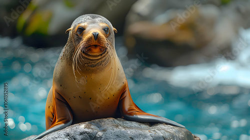 Sea Lion on a Rock with Blue Water in the Background - Realistic Photo photo