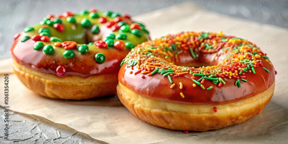 A pair of freshly baked, glazed donuts adorned with vibrant sprinkles and candies, resting on a parchment paper, showcasing a delightful confectionery treat. A pair of freshly baked, glazed donuts adorned with vibrant sprinkles and candies, resting on a parchment paper, showcasing a delightful confectionery treat.
