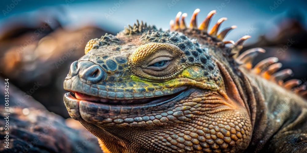 Fototapeta premium Aerial Photography of a Smiling Marine Iguana Resting with Eyes Closed in the Galapagos Islands, Showcasing Unique Wildlife and Natural Habitat