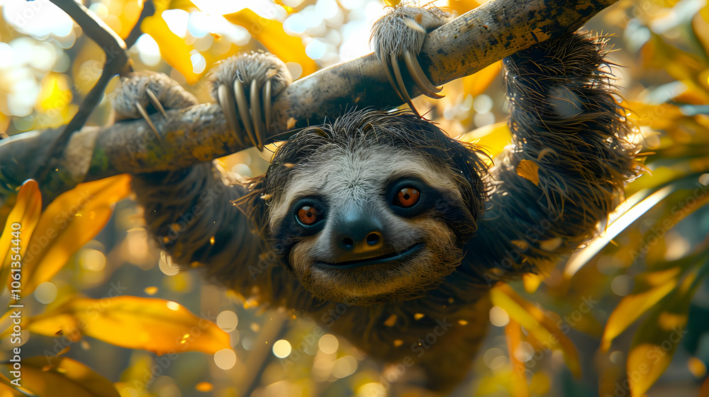 Smiling Sloth Hanging From Branch Illustration Smiling Sloth Hanging From Branch Illustration