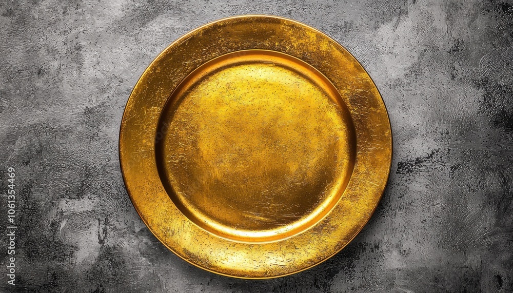 A golden plate resting on a textured gray surface, suggesting elegance and potential use for serving food or decorative purposes. A golden plate resting on a textured gray surface, suggesting elegance and potential use for serving food or decorative purposes.