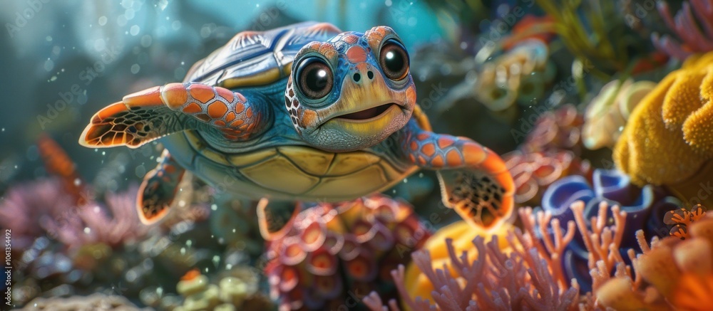 A close-up shot of a cute cartoon sea turtle swimming in the ocean, surrounded by coral. A close-up shot of a cute cartoon sea turtle swimming in the ocean, surrounded by coral.