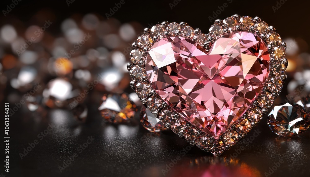 A close-up of a pink heart-shaped gemstone surrounded by smaller sparkling crystals, emphasizing luxury and beauty. A close-up of a pink heart-shaped gemstone surrounded by smaller sparkling crystals, emphasizing luxury and beauty.