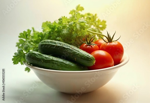 Fresh Vegetables in a Bowl with Vibrant Tomatoes and Cucumbers onn white background photo