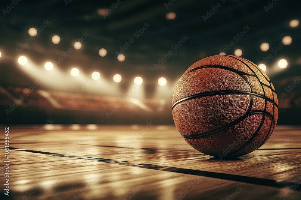 Close-Up of Basketball on Court with Spotlight Background, High-Resolution 3D Rendering Close-Up of Basketball on Court with Spotlight Background, High-Resolution 3D Rendering