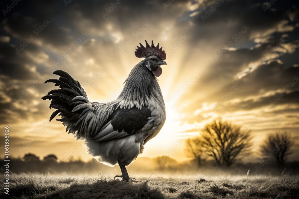 Fototapeta premium Elegant black and white silhouette of Brahma chicken, perfect for farm-themed designs, vintage art, and animal illustrations, adding a sophisticated touch to your projects.