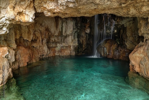 A serene cave with a waterfall cascading into a clear turquoise pool, surrounded by textured rock formations.