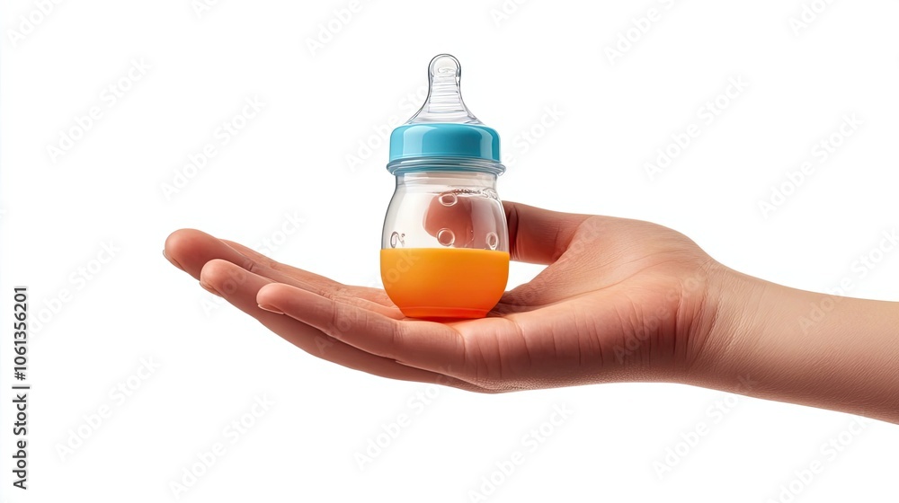 Hand Holding a Baby Bottle with Orange Liquid Inside Hand Holding a Baby Bottle with Orange Liquid Inside