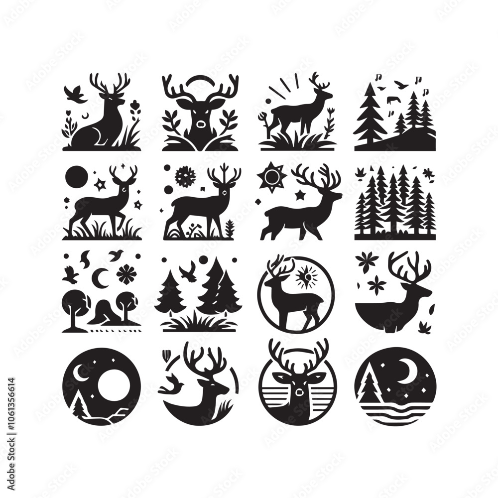 Deer icon set black and white Deer icon set black and white
