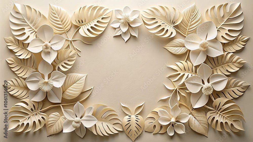 custom made wallpaper toronto digitalA delicate arrangement of paper flowers and tropical leaves creating a serene and elegant frame