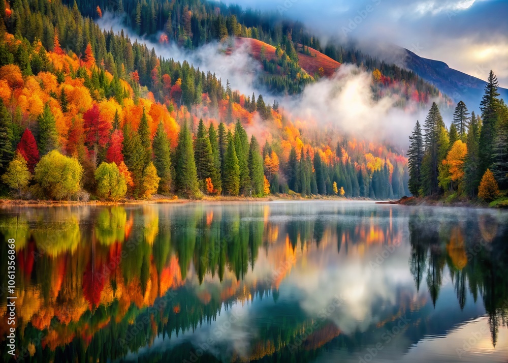 Fototapeta premium A serene autumn morning at Lake Josephine, Montana, features mist over peaceful waters, vivid fall leaves reflecting in a tranquil landscape, captured in long exposure.