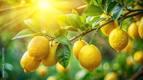 A Branch Laden with Ripe Lemons, Bathed in Golden Sunlight, a Symphony of Citrus and Green