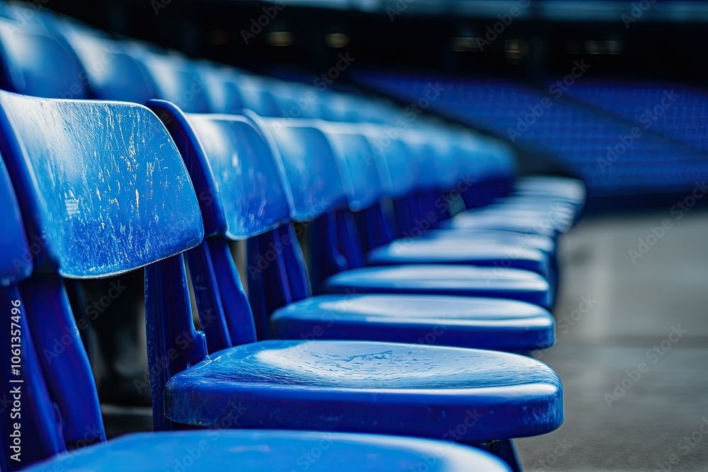Fototapeta premium Photograph of blue seats in an outdoor stadium for spectators.