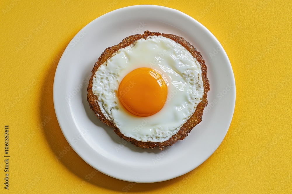 A fried egg on a plate, featuring a bright yellow yolk and a crispy edge, set against a vibrant yellow background. A fried egg on a plate, featuring a bright yellow yolk and a crispy edge, set against a vibrant yellow background.