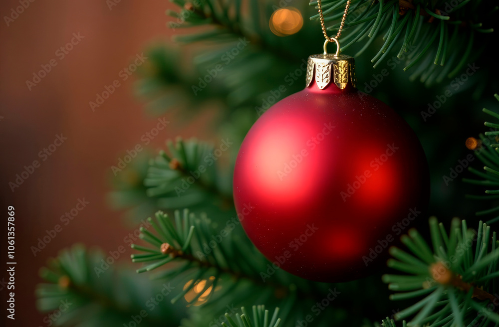 Fototapeta premium Close up view of christmas fir branches with shiny red ball, xmas ornaments, christmas holidays background