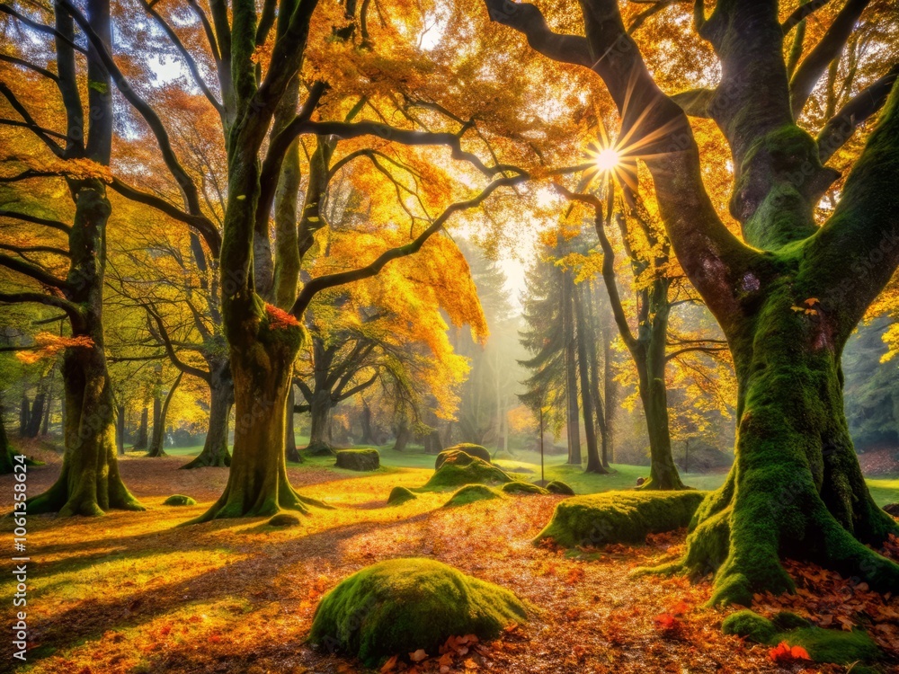 Autumn Silhouette of Mossy Trees in a Serene Park, Capturing Nature's Beauty and Tranquility in Fall, Enchanting Landscape, Golden Leaves, and Peaceful Atmosphere Autumn Silhouette of Mossy Trees in a Serene Park, Capturing Nature's Beauty and Tranquility in Fall, Enchanting Landscape, Golden Leaves, and Peaceful Atmosphere