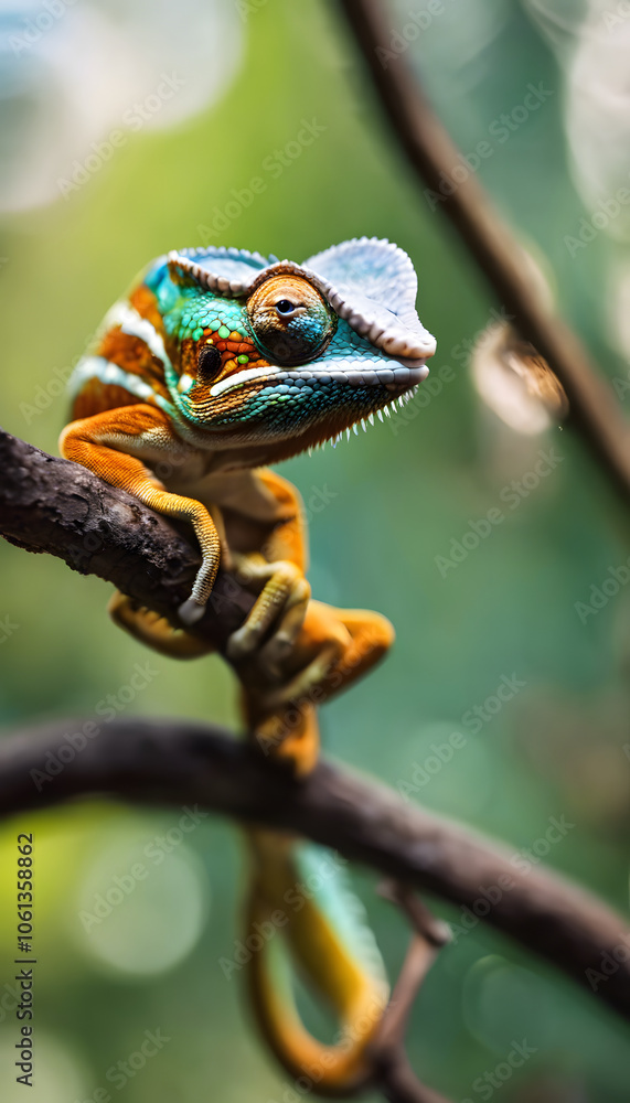 Fototapeta premium A colorful chameleon perched on a branch with a blurred background.