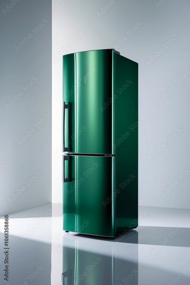 Stylish Green Refrigerator with Metallic Finish in Modern Studio Stylish Green Refrigerator with Metallic Finish in Modern Studio