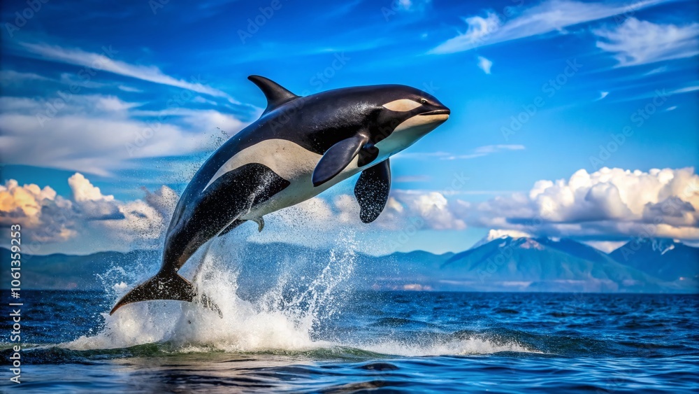 Fototapeta premium Captivating Killer Whale in Action: Dramatic Leap from the Sea, High Depth of Field, Majestic Marine Life, Ocean Wonders, Wildlife Photography