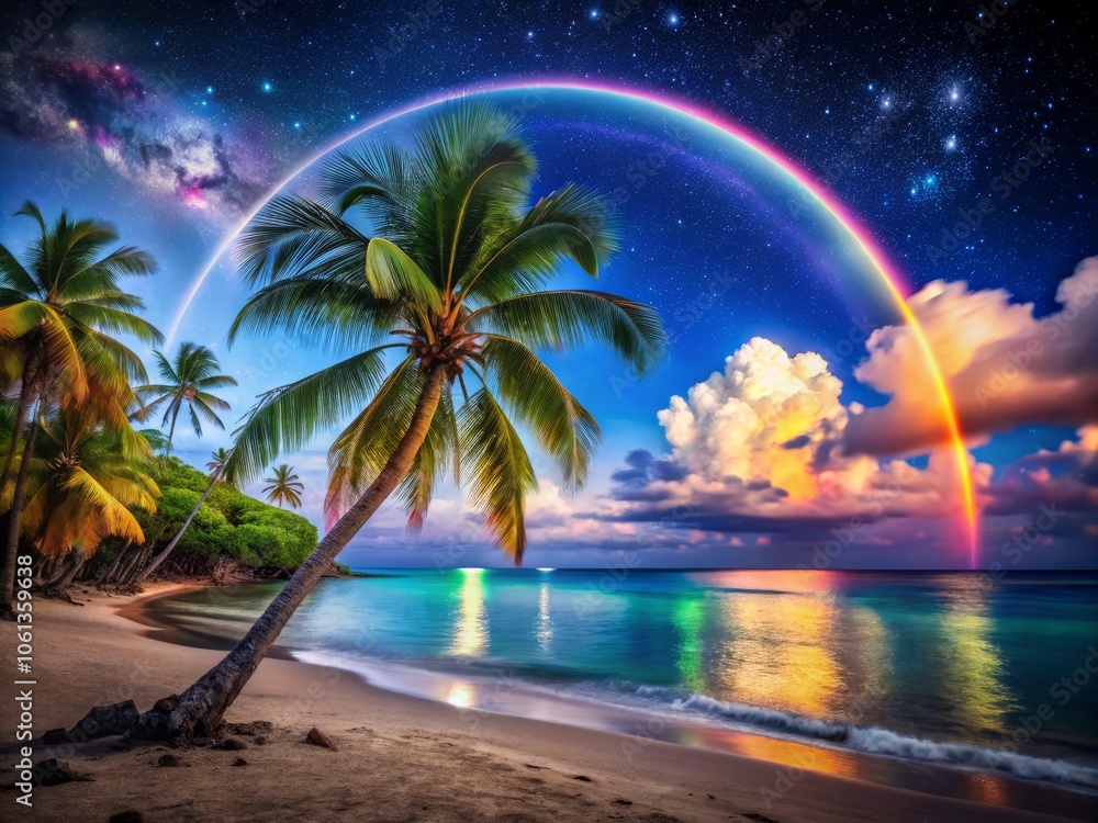 Naklejka premium Full Rainbow Over the Caribbean at Night, Vibrant Colors, Tropical Seascape, Stunning Landscape, Night Sky, Nature's Beauty, Serene Atmosphere, Coastal View, Exotic Destination
