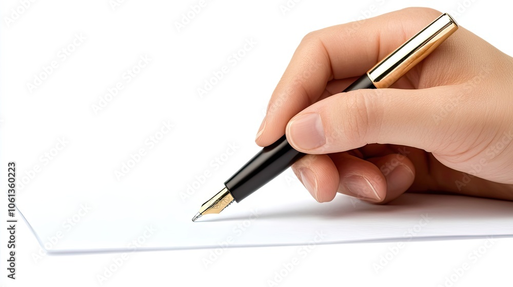 Hand Holding a Gold-Trimmed Fountain Pen Writing on Paper Hand Holding a Gold-Trimmed Fountain Pen Writing on Paper
