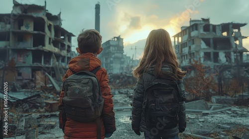 Brother and sister walk on the building ruins after war or disaster.