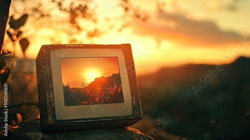 A Vintage Frame Captures a Breathtaking Sunset Over a Mountain Range