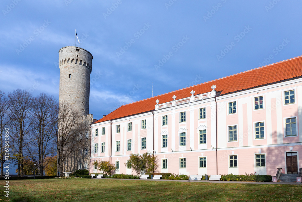 panoramic view of the The Parliament Of Estonia building int the old town panoramic view of the The Parliament Of Estonia building int the old town