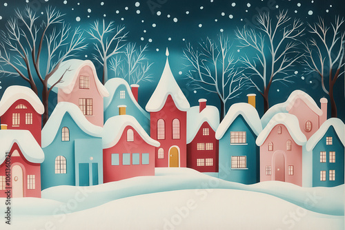 Cozy Snow-Covered Village with Colorful Houses on Winter Night, Whimsical Holiday Scene