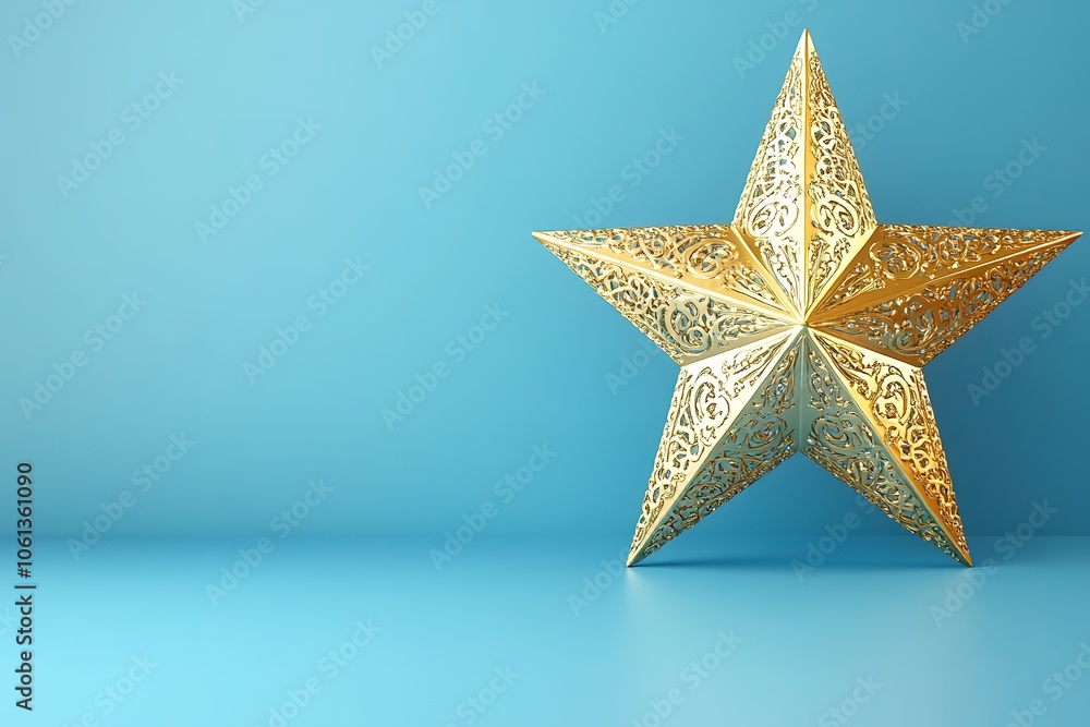 Golden star with intricate patterns on blue background Golden star with intricate patterns on blue background