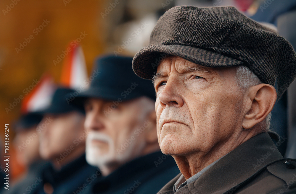 close up portrait of veteran at ceremony, showing deep reflection and pride. background features other veterans and flags, creating solemn atmosphere close up portrait of veteran at ceremony, showing deep reflection and pride. background features other veterans and flags, creating solemn atmosphere
