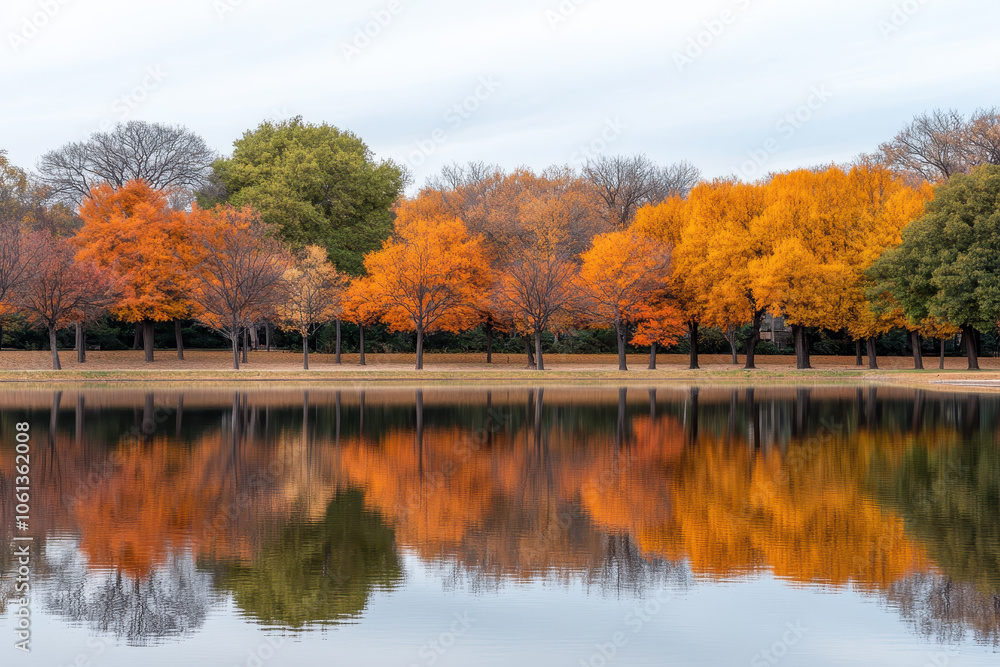 Autumn Trees Reflecting on a Still Lake with Overcast Sky and Natural Symmetry Autumn Trees Reflecting on a Still Lake with Overcast Sky and Natural Symmetry