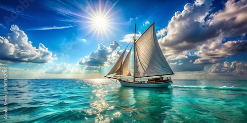 A solitary sailboat glides across the vast expanse of cerulean waters, its white sails billowing in the gentle breeze, while the sun casts a golden glow on the rippling surface.