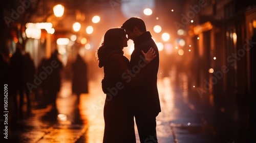 Romantic Embrace under Warm Glow of City Lights