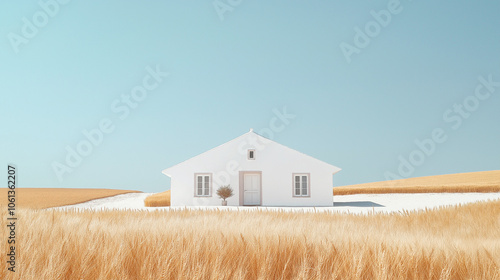 white house on the beach, white house in the middle of a wheat fields around, open landscape, surrounded by wide fields, peaceful