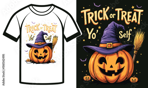 Halloween T-Shirt Design with "Trick or Treat Yo' Self" Text and Smiling Pumpkin Graphic, ai generated 