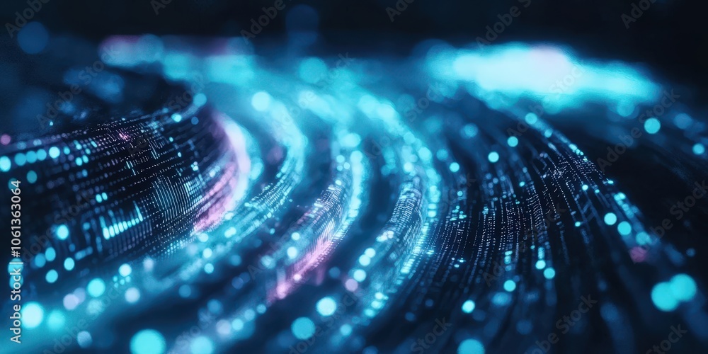 3D Rendering of abstract wire cable tunnel with digital binary data transmitting. Depth of field effect. Inside AI concept. Technology, machine learning, big data, virtualization. Product background 3D Rendering of abstract wire cable tunnel with digital binary data transmitting. Depth of field effect. Inside AI concept. Technology, machine learning, big data, virtualization. Product background