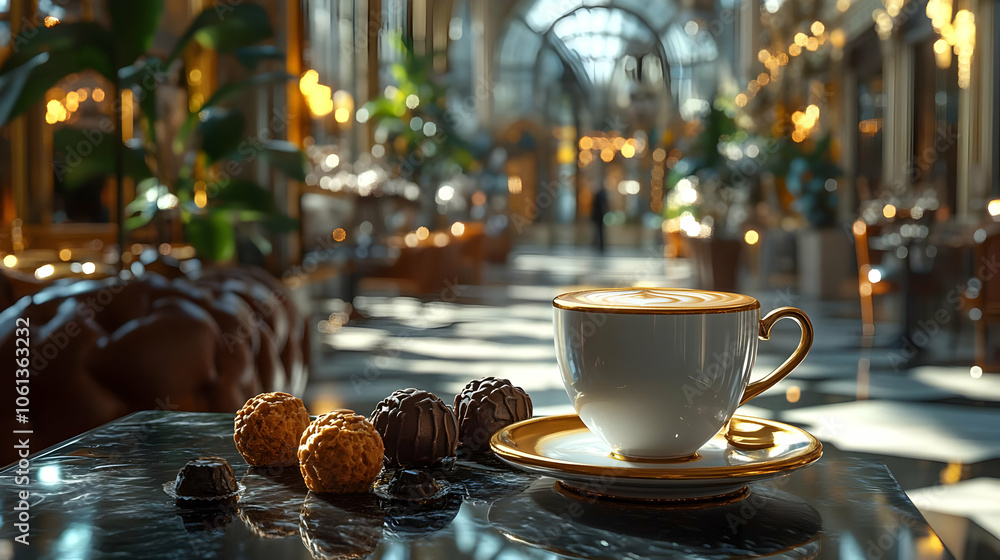 Coffee and Pastries on a Marble Table in a Sunlit Hallway - 3D Illustration