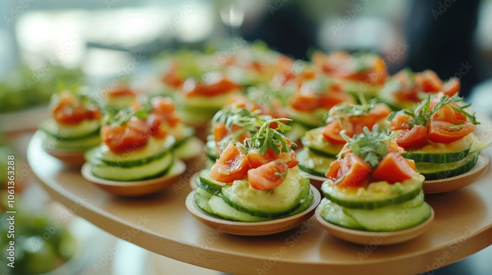 Appetizers made with cucumber, avocado, and tomato. Appetizers made with cucumber, avocado, and tomato.
