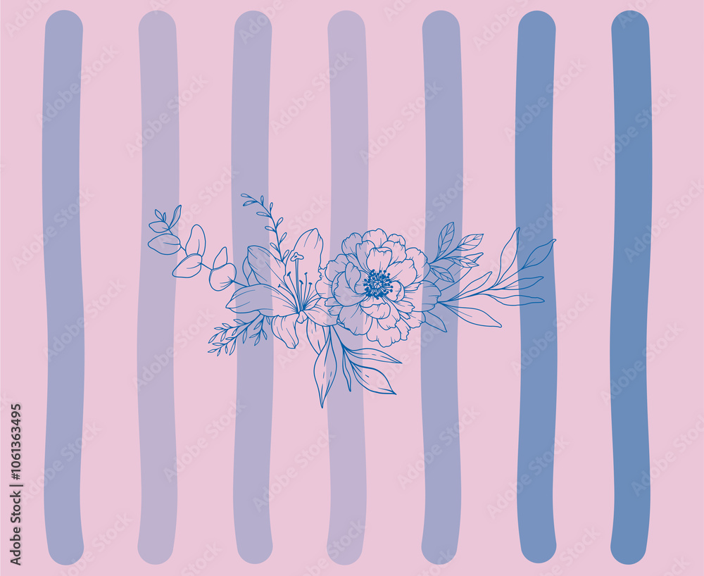 Obraz premium Abstract line art flower arrangement with a stripy background in shades of blue and light pink