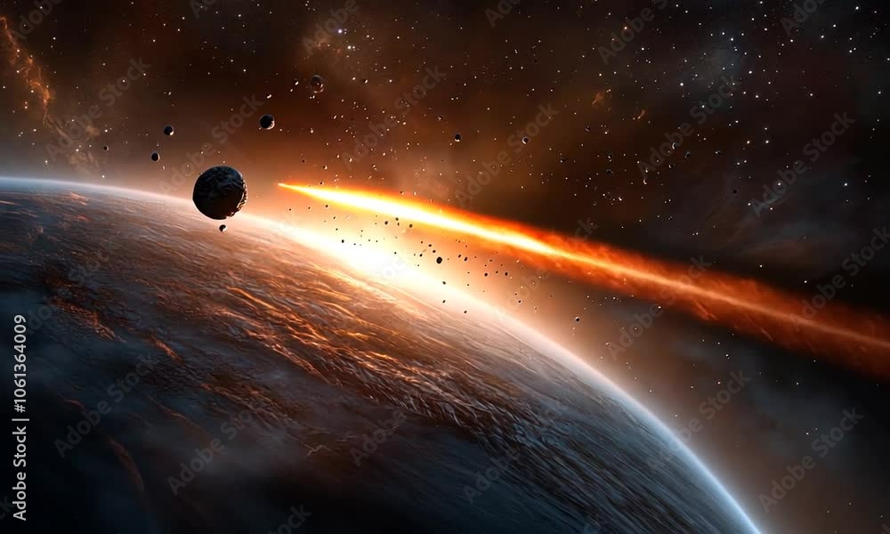 A dramatic cosmic scene featuring a planet and a meteor shower.
