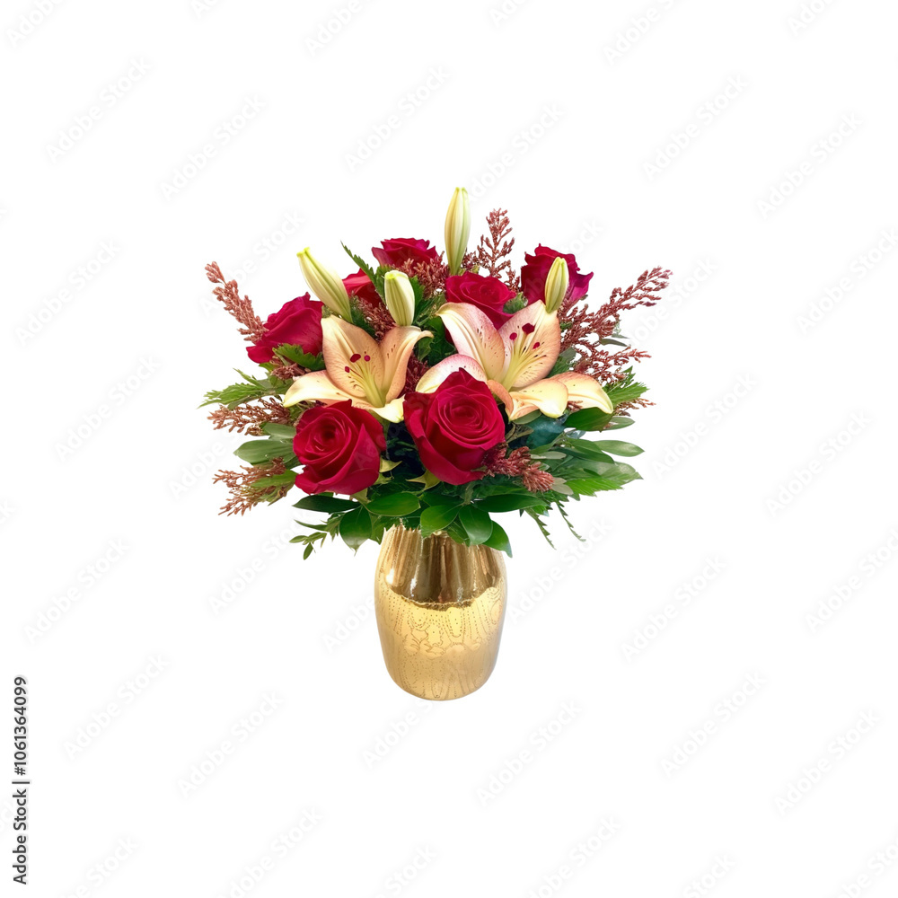 Obraz premium Bouquet of Red Roses and White Lilies in a Gold Vase