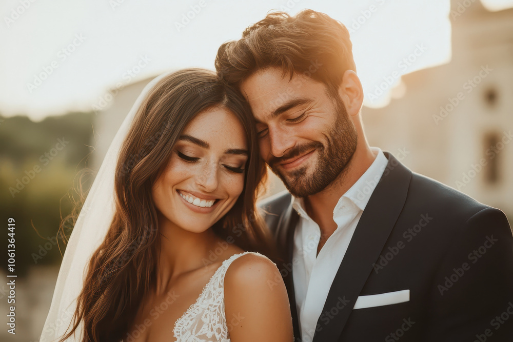 Happy Couple on Wedding Day, Romantic Sunset Portrait Happy Couple on Wedding Day, Romantic Sunset Portrait