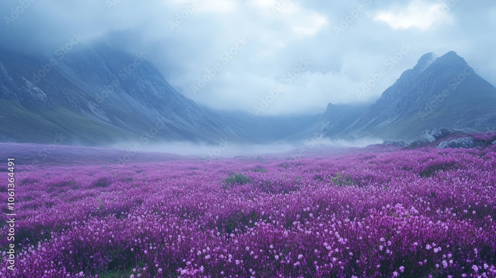 A remote mountain valley filled with purple heather in bloom, with rugged peaks in the background and soft clouds hanging low A remote mountain valley filled with purple heather in bloom, with rugged peaks in the background and soft clouds hanging low