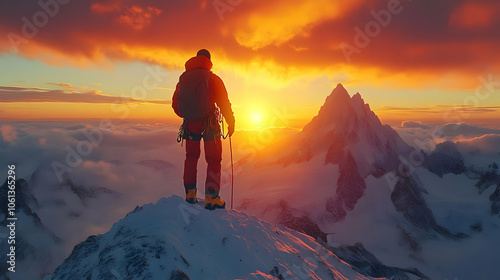 Climber on Mountain Peak at Sunset - Realistic Photo