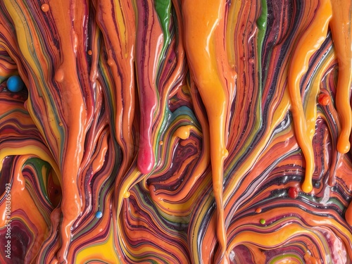 Melted Crayons: A melting rainbow of crayon waxes flowing together, creating vibrant, thick textures as the colors blend into abstract waves and drips. photo