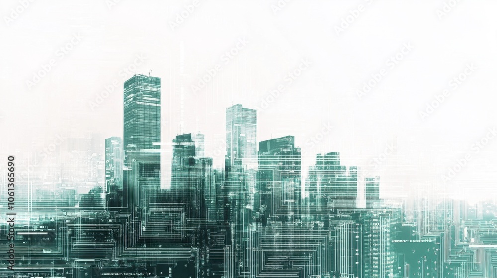 Obraz premium Futuristic and Minimalist Cityscape of Tall Glass Skyscrapers in a Hazy, Blurred Environment
