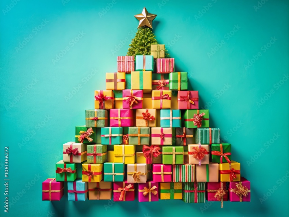 Christmas Tree of Gifts, Wrapped Presents, New Year Celebration, Minimalist Concept, Colorful Background, Holiday Decorations, Festive Vibes, Seasonal Cheer, Aerial View Christmas Tree of Gifts, Wrapped Presents, New Year Celebration, Minimalist Concept, Colorful Background, Holiday Decorations, Festive Vibes, Seasonal Cheer, Aerial View